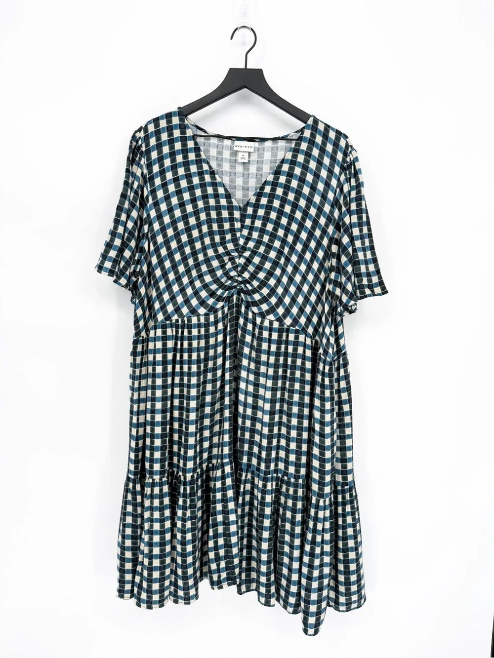 Ava & Viv Plaid Tiered Mini Dress Flutter Sleeves Green Blue 1X - Picture 1 of 8